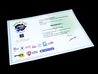 Certificat obtention label Imprim'Vert Imprimerie A Réaction 